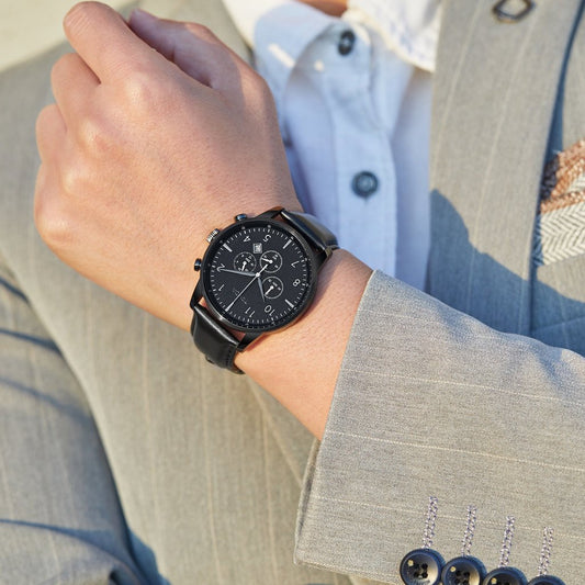 TRNDA Men's Stainless Steel Watch, Black Leather Band | TRN-43BLK-1